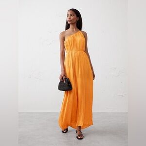 NWT Banana Republic One-Shoulder Pleated Maxi Dress in Orange, Size Small